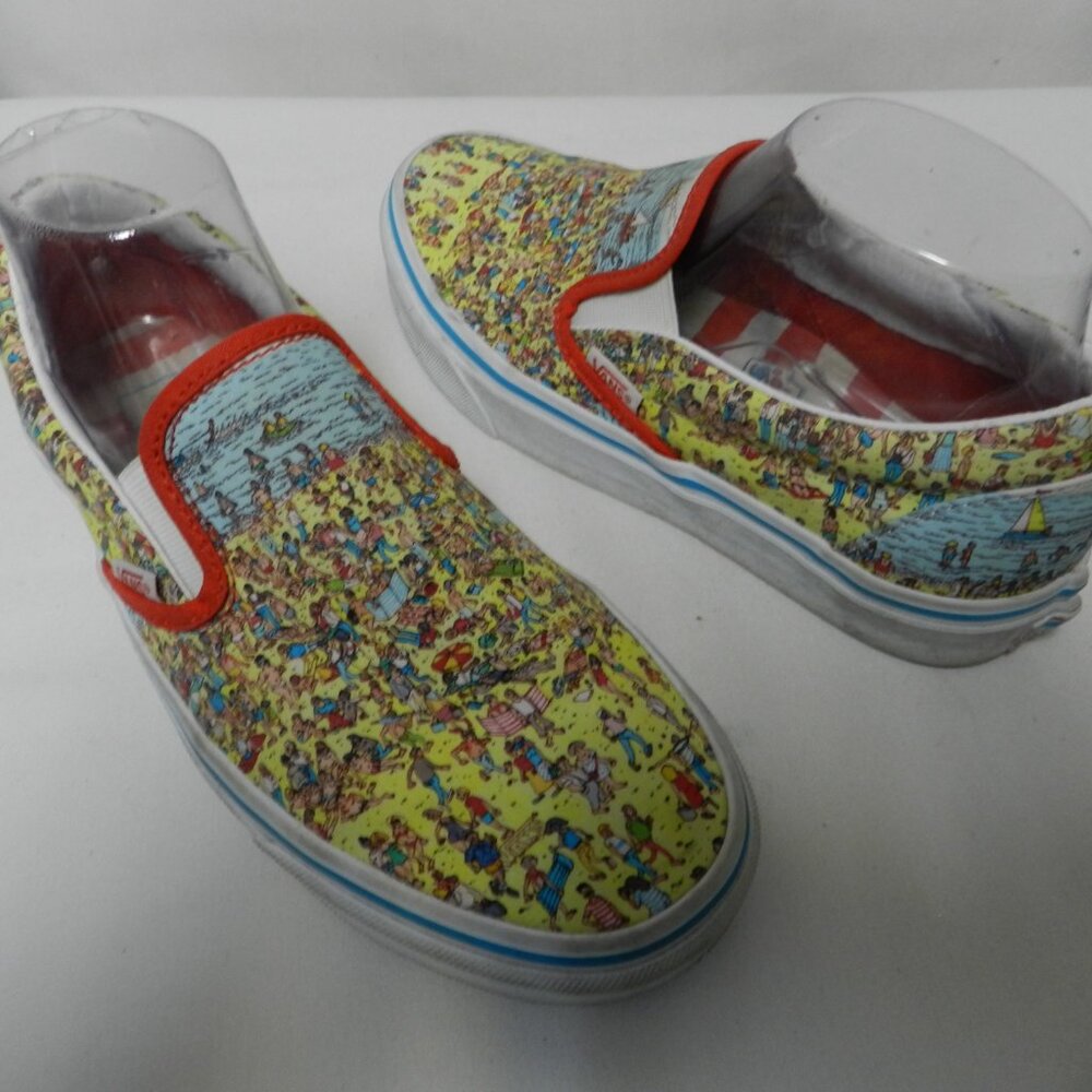Vans Slip-On Sneakers Yellow Beach Crowd Print with Red Trim - Picture 10 of 11